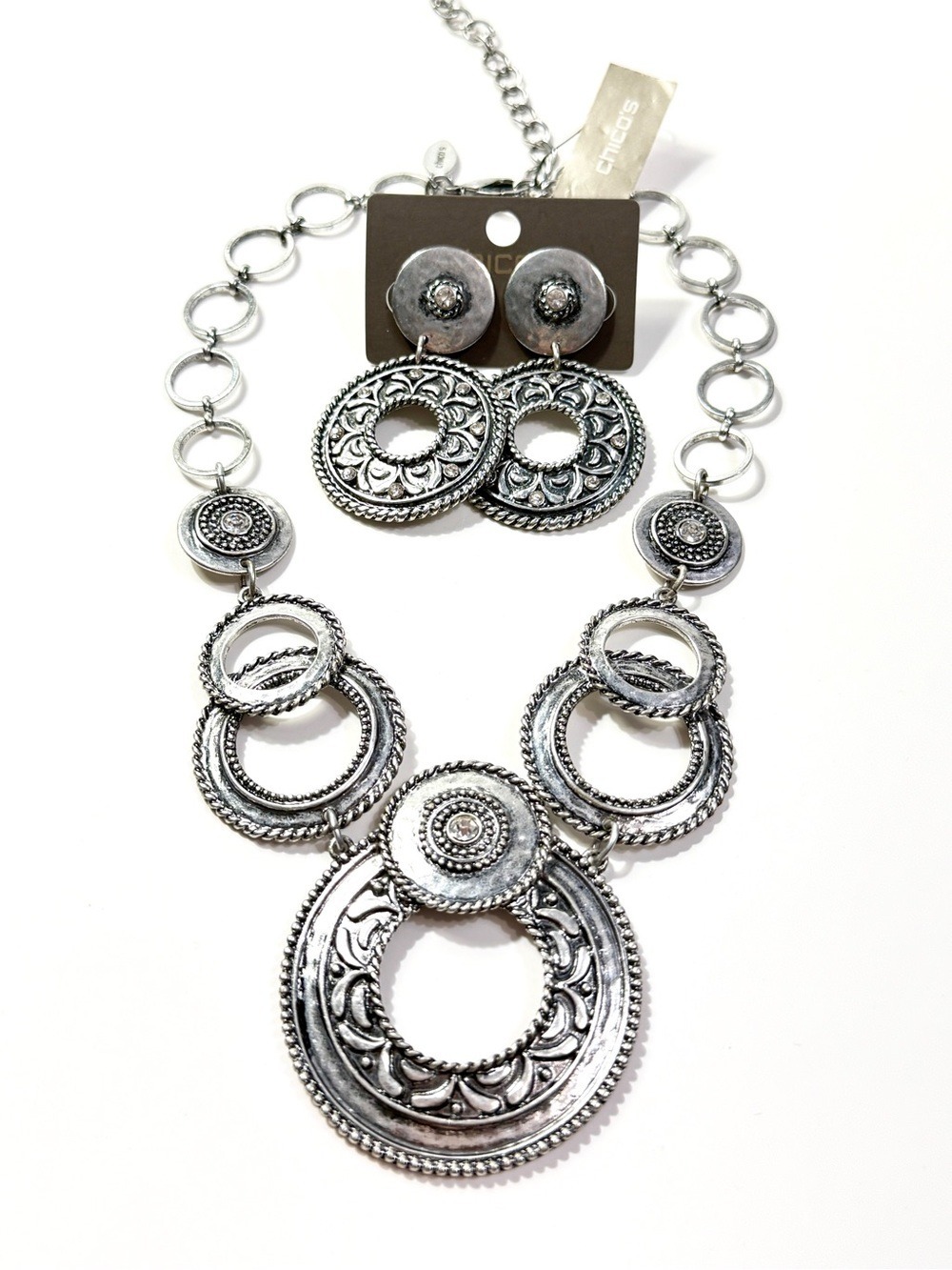 Chico's Antique Silver-Tone Filigree Circle Necklace & Matching Earrings | NWT